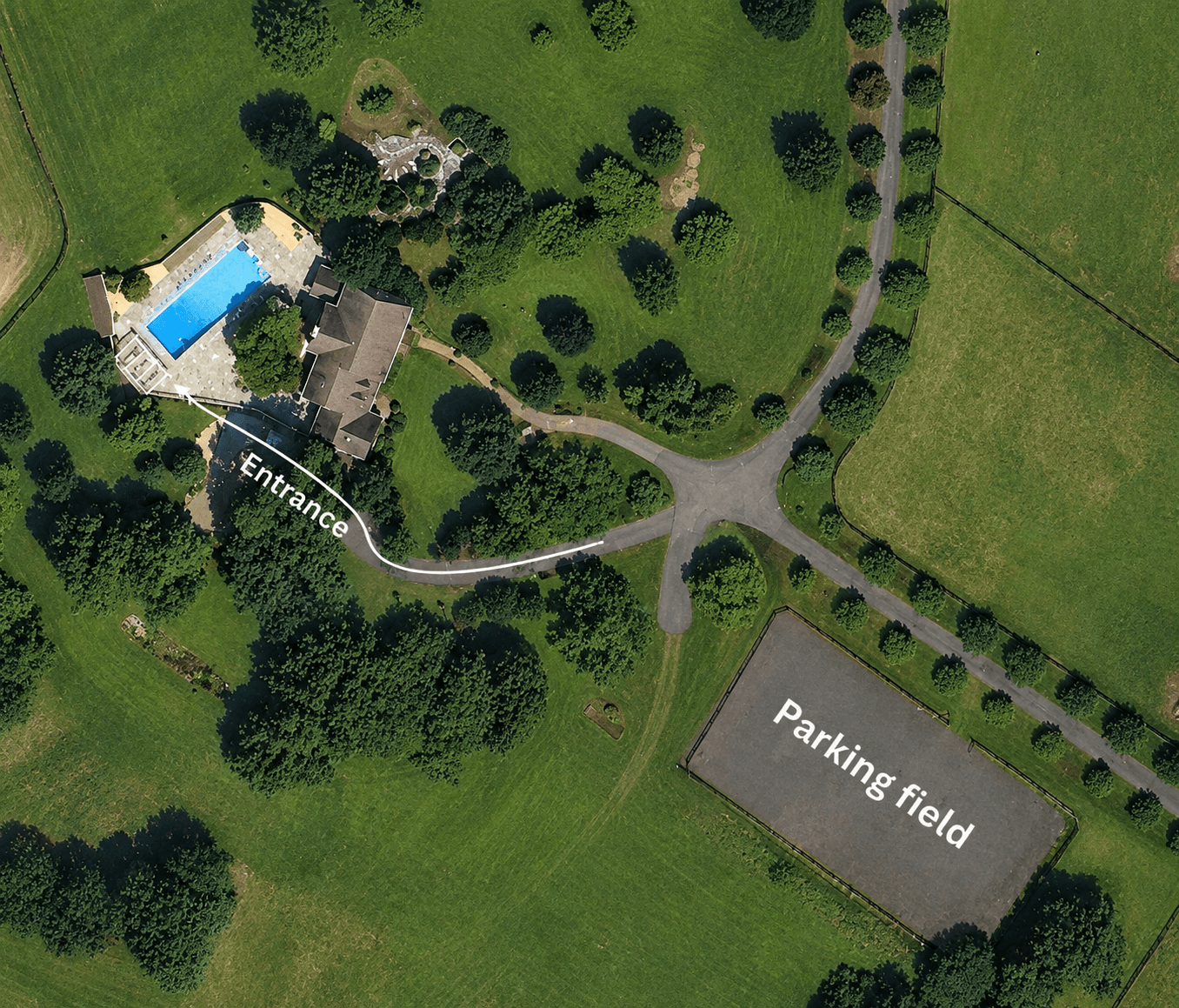 Aerial map showing the parking field and entrance path at Mountain Mama Ranch
