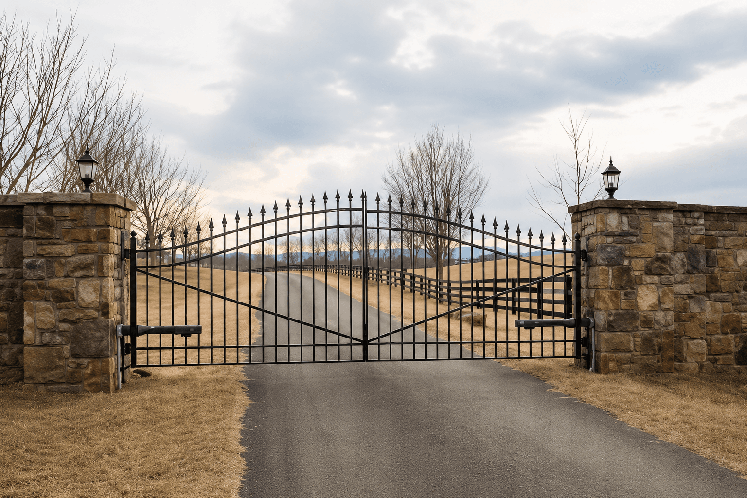 Front gate and long driveway entrance at Mountain Mama Ranch