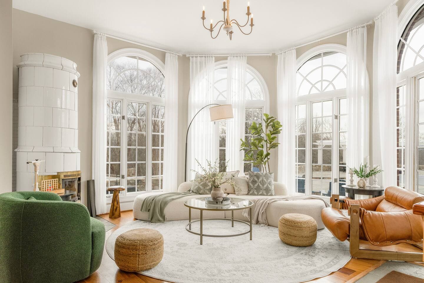 Bright interior room at Mountain Mama Ranch with tall arched windows